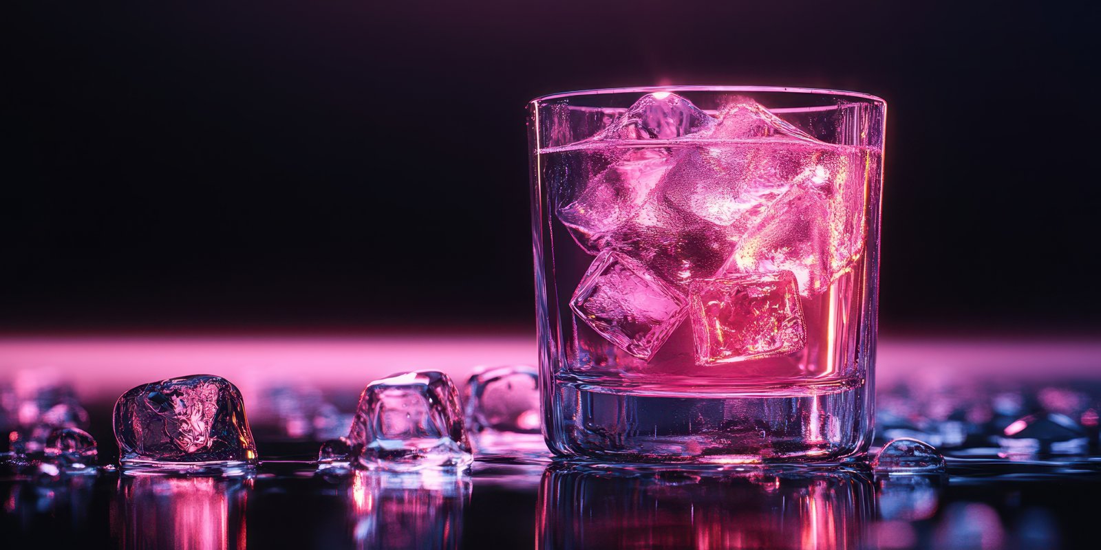 Colorful drink in a glass with ice cubes illuminated by purple lights during an evening gathering